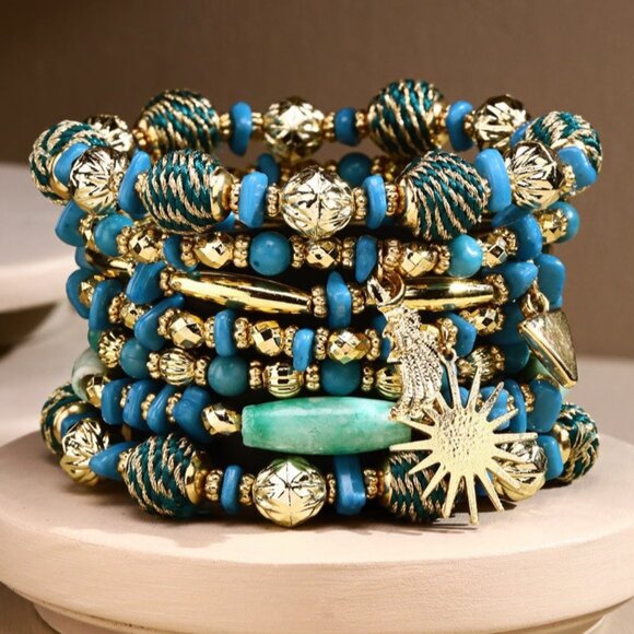 Aqua Blue & Golden Boho Chic Multi Layered Stretch Bracelet w Golden Sun Charm - Picture 3 of 3